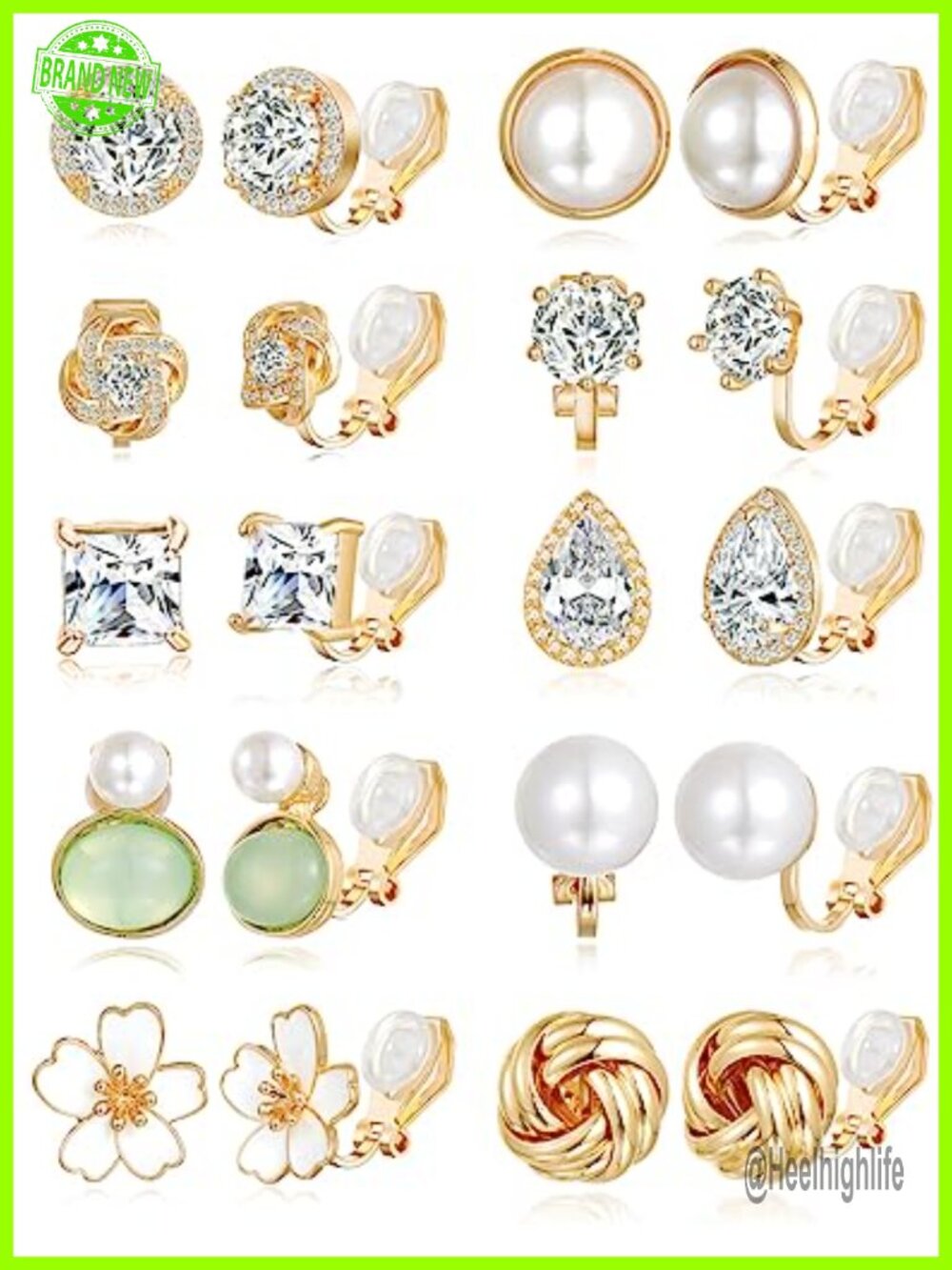 10 Pairs Clip On Stud Earrings Non Pierced CZ Pearl Teardrop Round Square Women